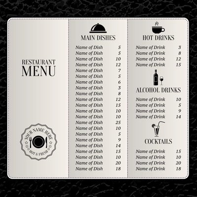 Restaurant menu list with main dishes drinks and cocktails vector illustration