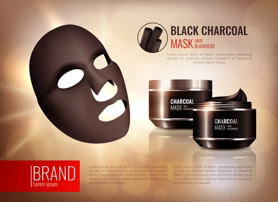 Charcoal cosmetic face mask poster with composition of branded pots on abstract background with editable text vector illustration