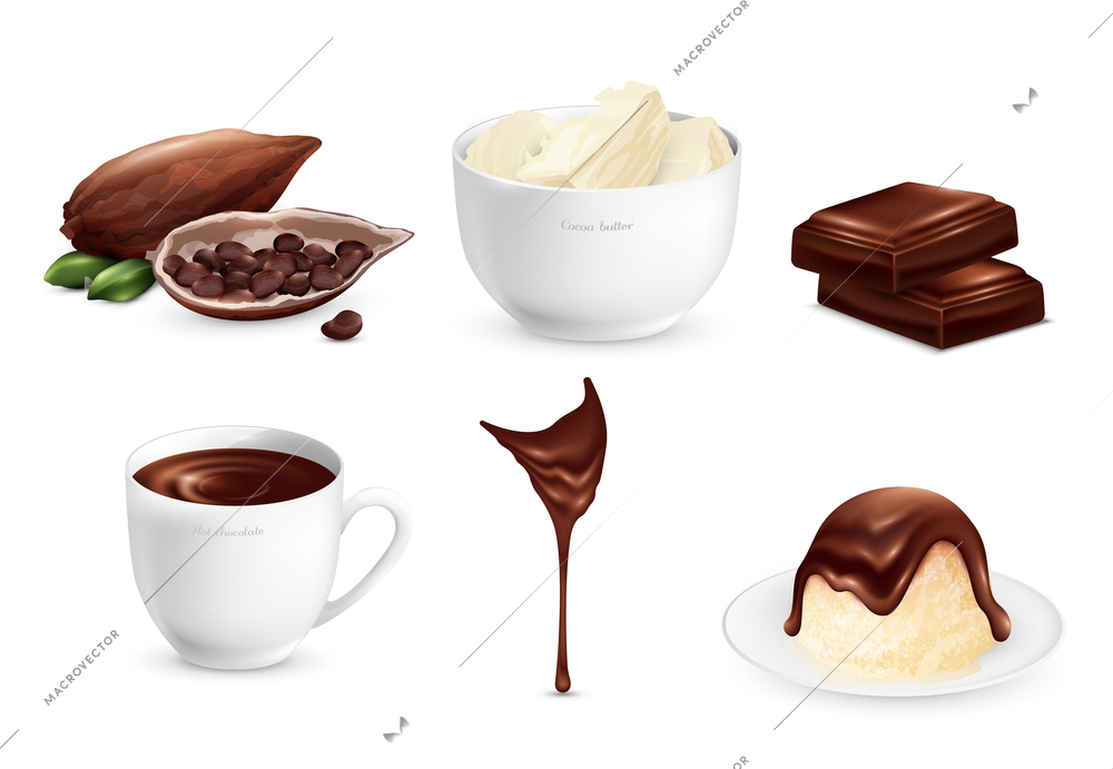 Cocoa products set with ripe beans, sweets, cup of hot chocolate, stream of glaze isolated vector illustration