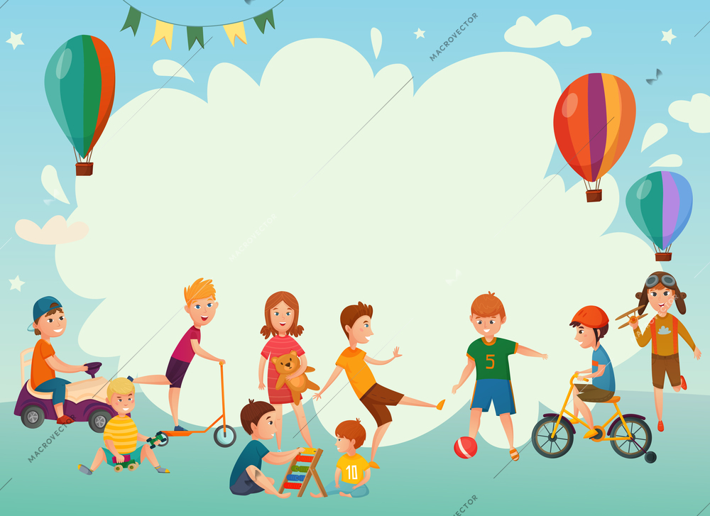 Colored cartoon playing kids background or frame with air balloons and group of children vector illustration