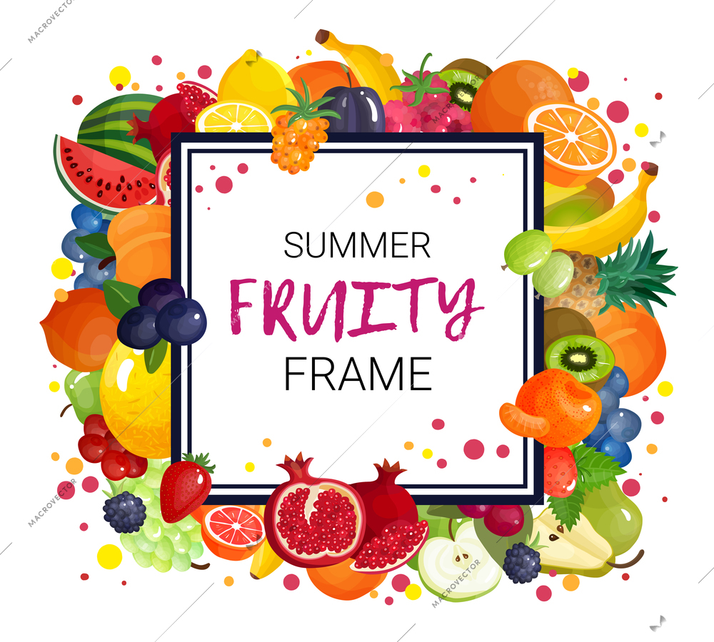 Berries and fruits juice frame composition of natural greengrocery slices with colorful dots and decorative text vector illustration