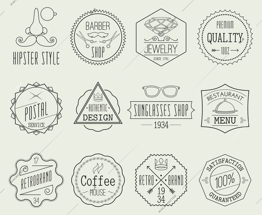 Set of retro line emblems with hipster elements isolated vector illustration