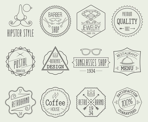 Set of retro line emblems with hipster elements isolated vector illustration