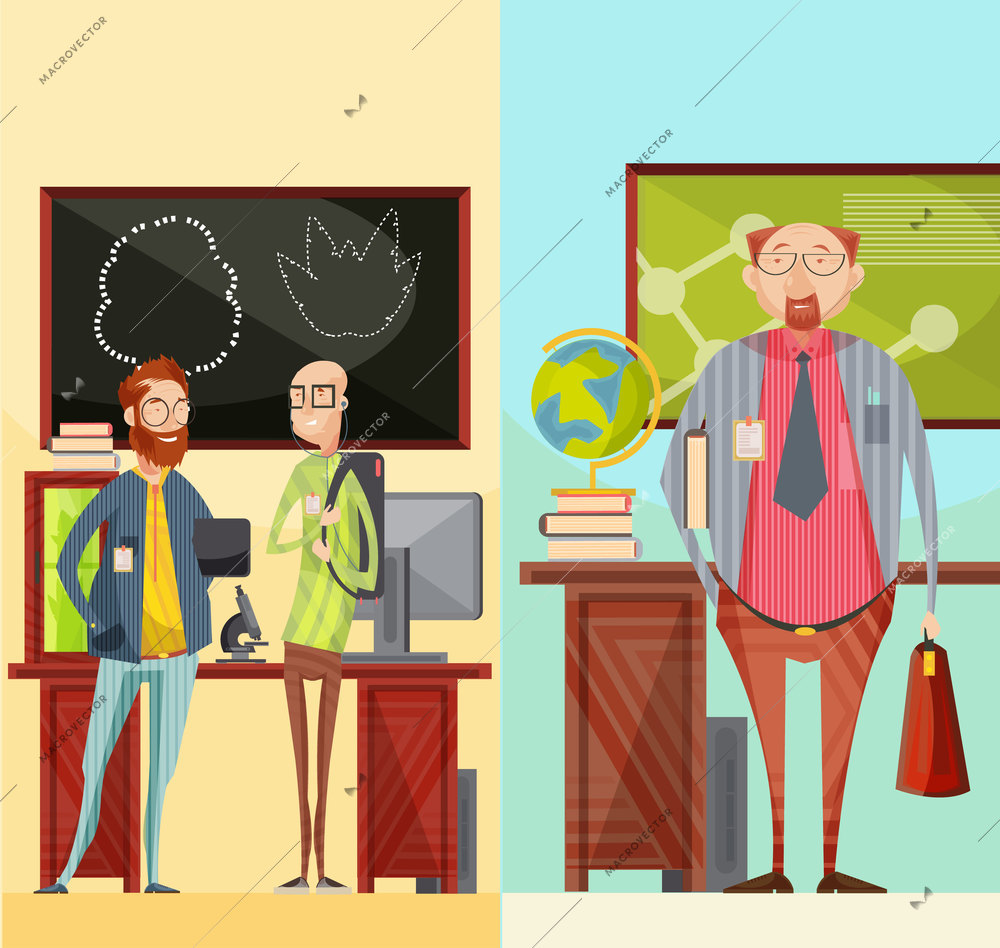 Vertical retro banners with talking teachers near desk, educational specialist with briefcase and book isolated vector illustration