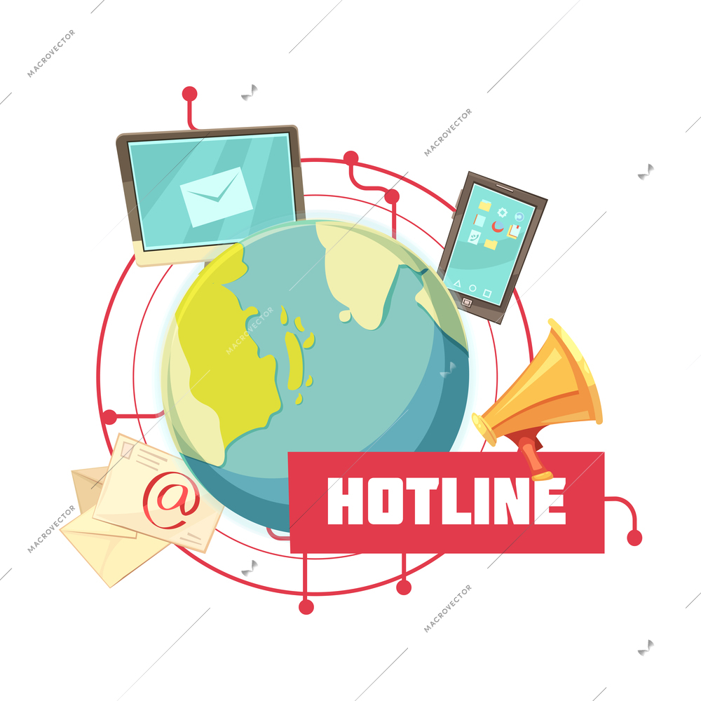 Hotline retro cartoon design with email computer mobile device megaphone around globe on white background vector illustration