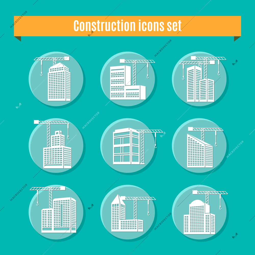 Construction round white blue icons set with building a house symbols flat isolated vector illustration