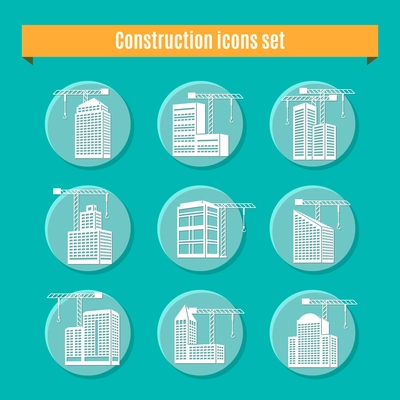 Construction round white blue icons set with building a house symbols flat isolated vector illustration