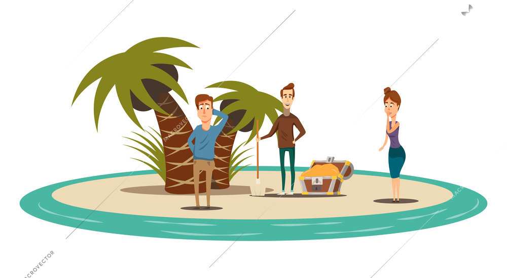 Lucky situations flat composition of circle island scenery with palms treasure chest and three human characters vector illustration