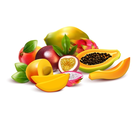 Tropical fruits composition with pitaya mango dragon fruit cut up and ripe with leaves in a bunch vector illustration