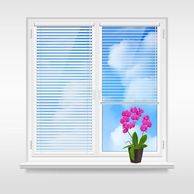 Home window design concept with horizontal blinds and purple flower in pot on windowsill at blue sky background vector illustration