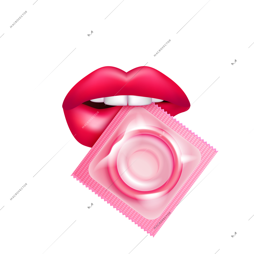 Realistic female lips with condom package between teeth on white background vector illustration