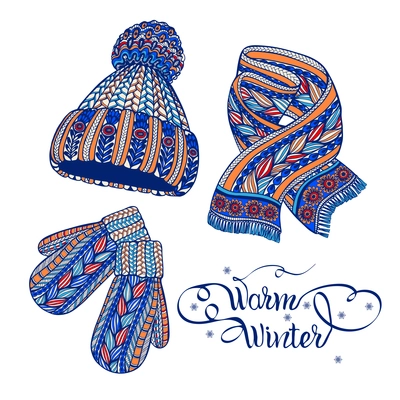 Winter warm knitted accessories pictograms of hat mittens and scarf colorful doodle style abstract vector isolated illustration