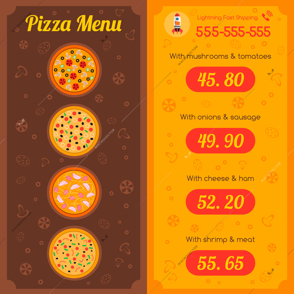 Pizza restaurant menu template layout with food cart vector illustration