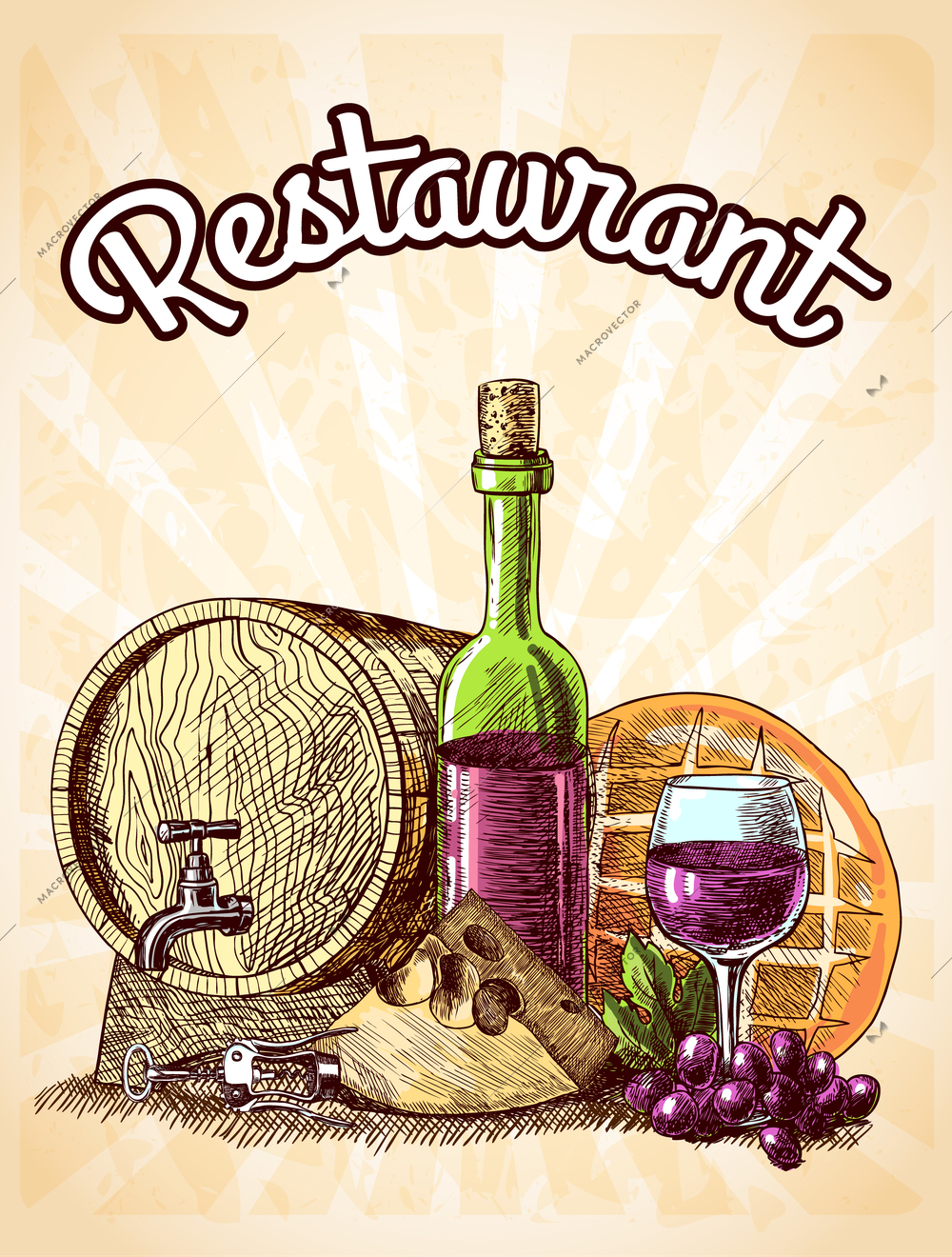 Wine cheese and bread vintage sketch decorative hand drawn restaurant poster vector illustration