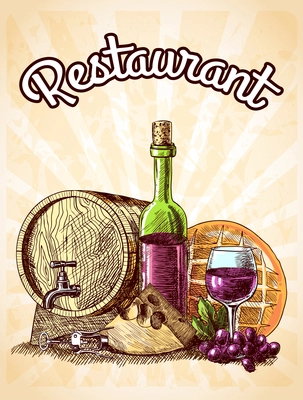 Wine cheese and bread vintage sketch decorative hand drawn restaurant poster vector illustration