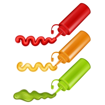 Set of colorful plastic bottles with pressed ketchup wasabi and mustard realistic vector illustration