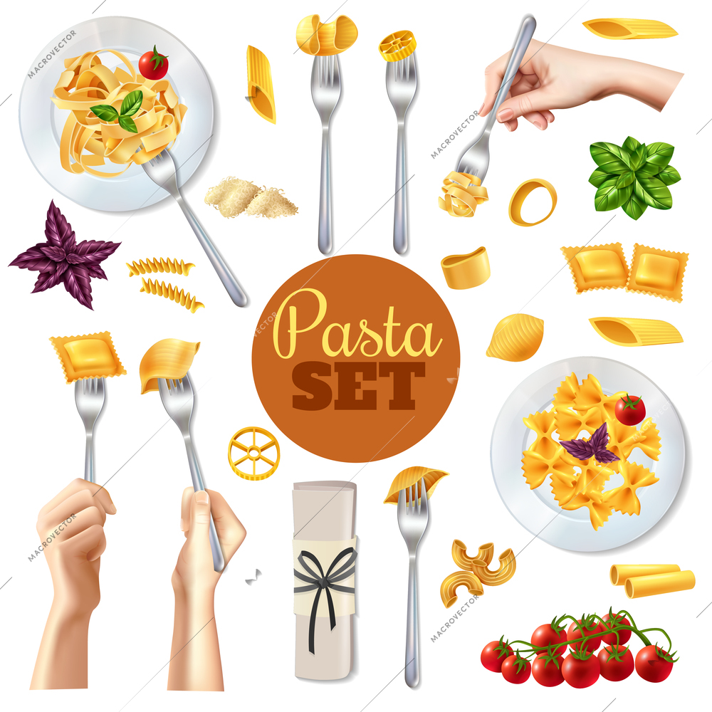 Different kinds of pasta and restaurant dishes realistic set isolated on white background vector illustration