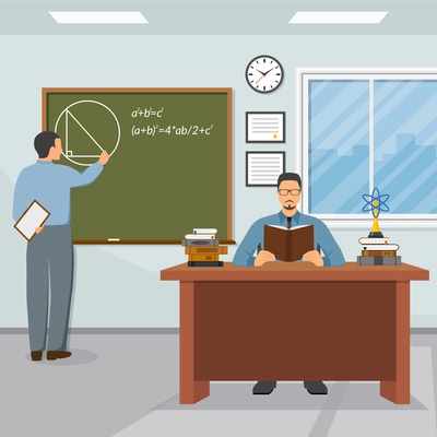 Science and education composition with teacher blackboard and student flat vector illustration