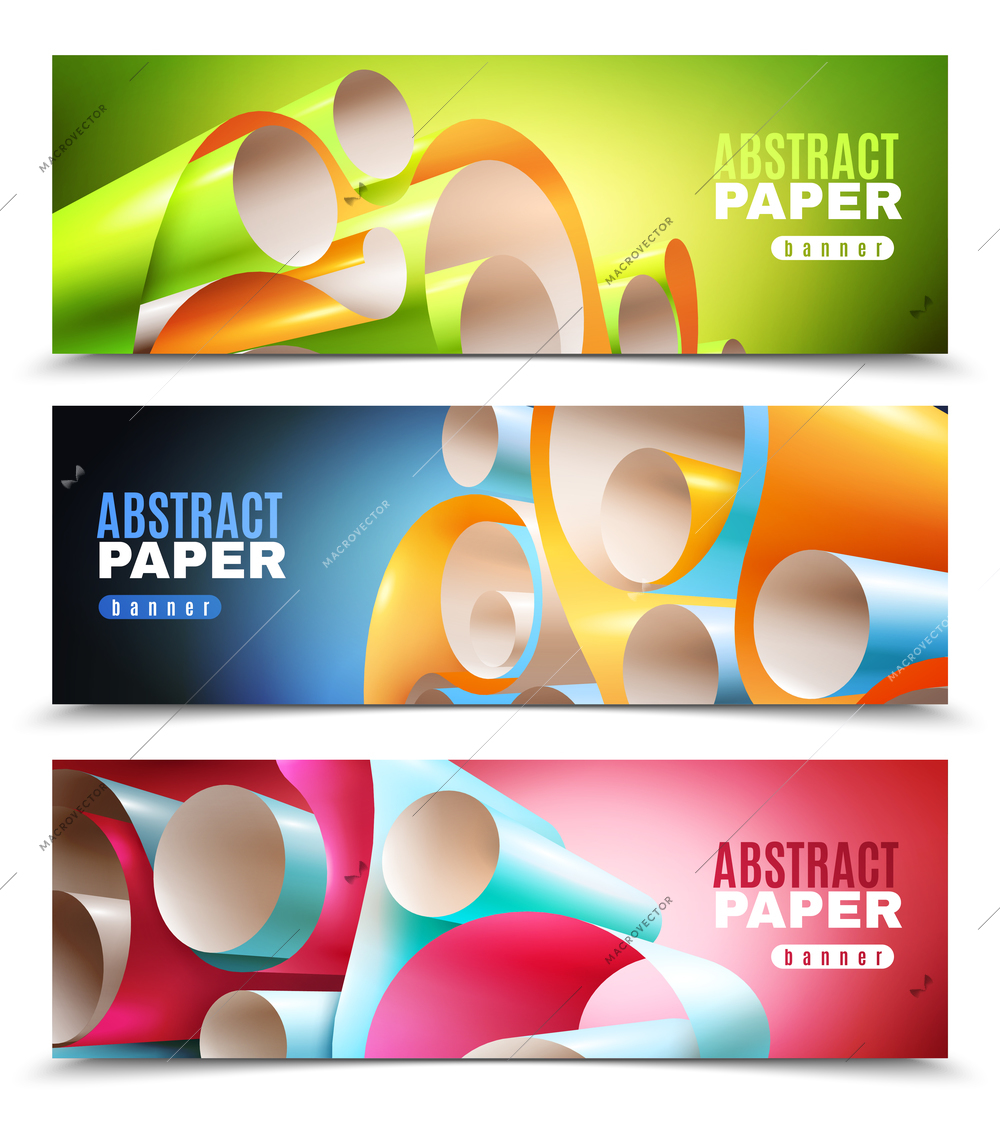 Three horizontal abstract banners set with bright colorful blank paper rolls isolated on white background 3d realistic vector illustration