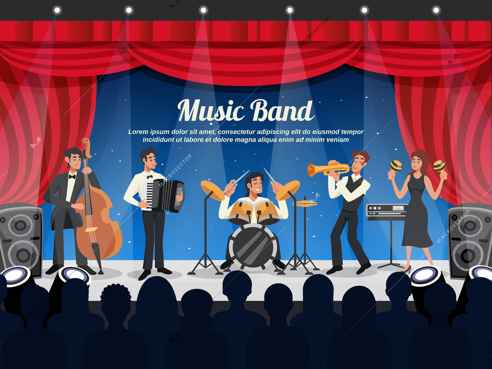 Cartoon colored musician illustration with music band performs on stage in front of a crowd vector illustration