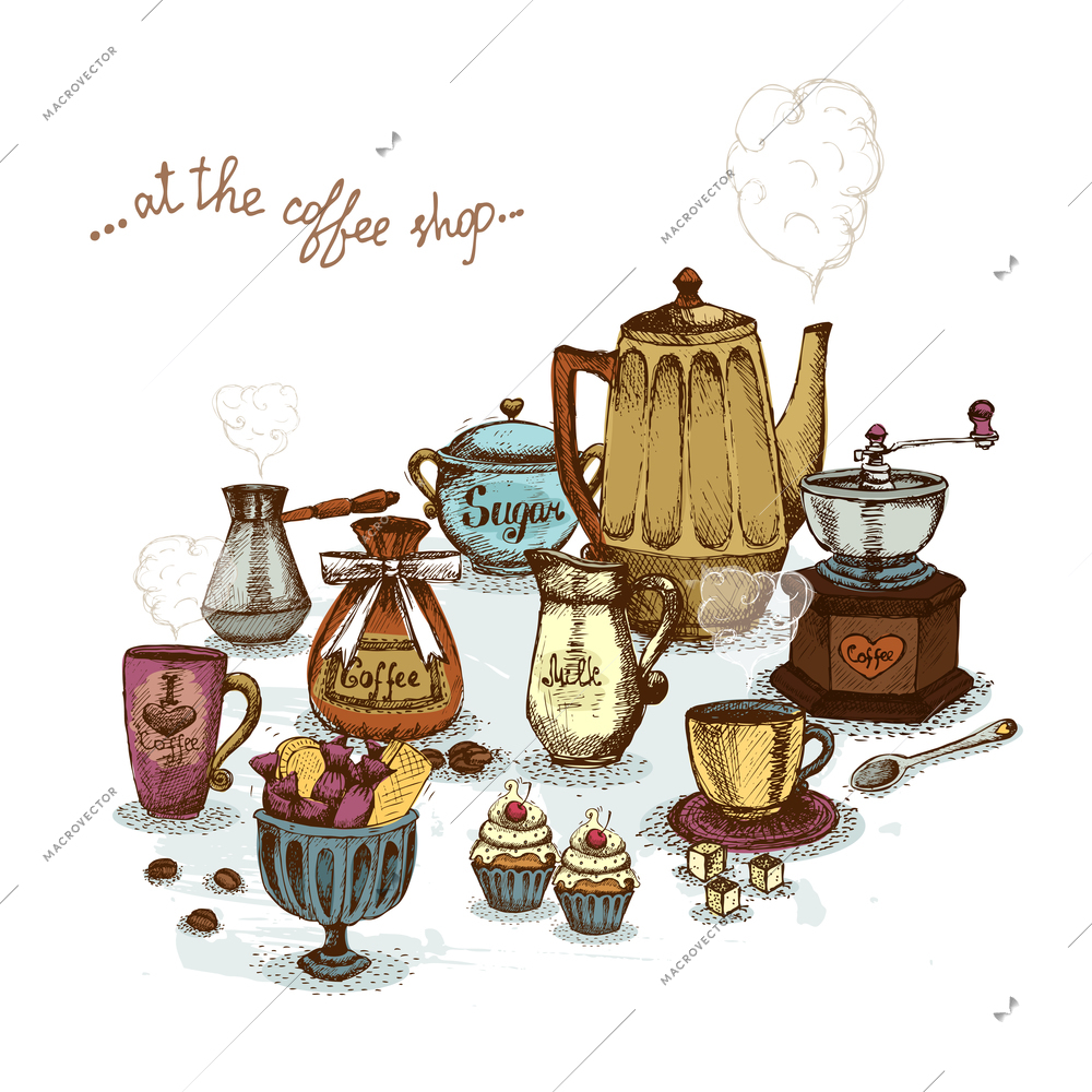 Coffee shop still life set vector illustration