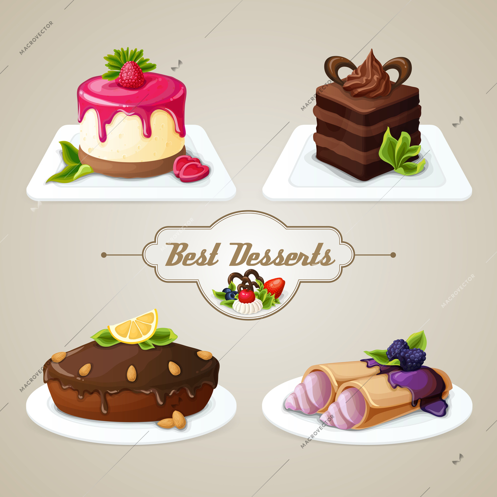 Decorative sweets food best dessert set of crepes cheesecake layered cake with syrup vector illustration