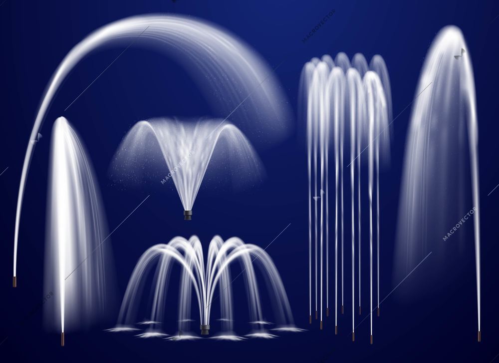 Set of realistic fountains including single jets and combination of streams on blue background isolated vector illustration