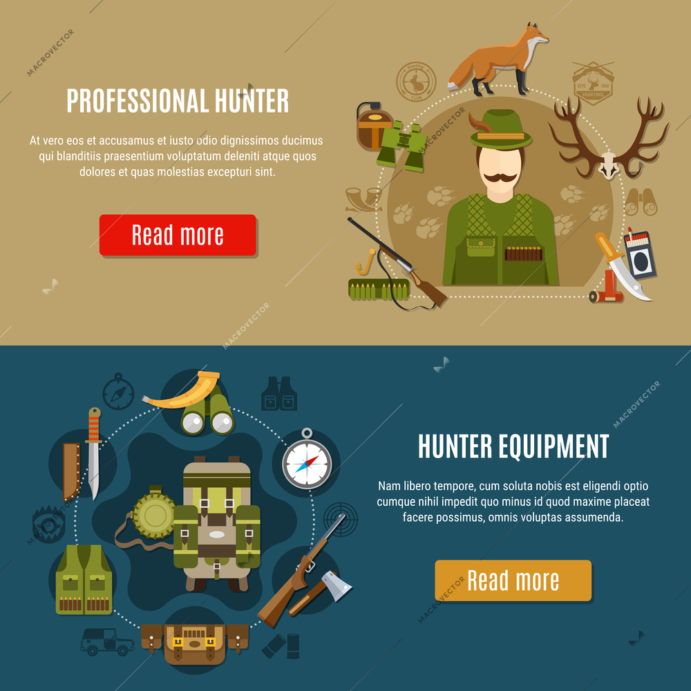 Hunting equipment horizontal banners set with compass and rifle symbols flat isolated vector illustration