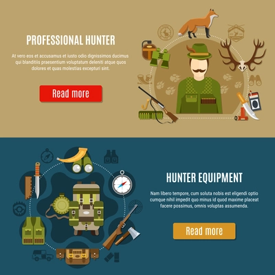 Hunting equipment horizontal banners set with compass and rifle symbols flat isolated vector illustration