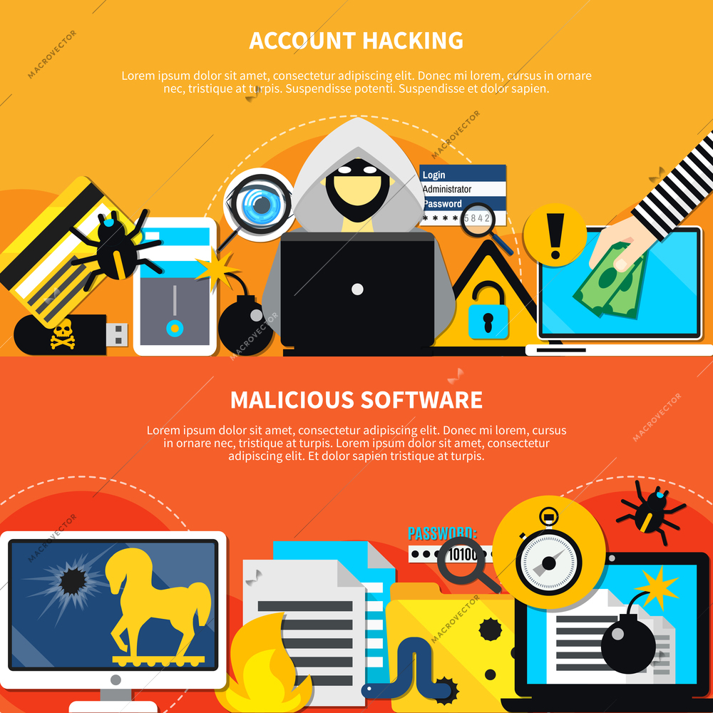 Hacking two horizontal banners with malicious software and account hacking design compositions flat vector illustration