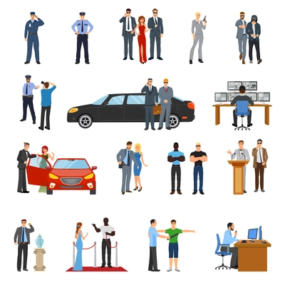 Bodyguard icons set with celebrities symbols flat isolated vector illustration