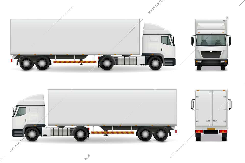 Realistic heavy truck with white cab and trailer, side view front and rear advertising mockup vector illustration
