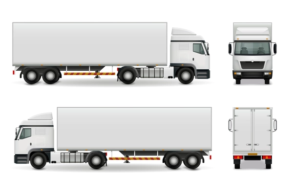 Realistic heavy truck with white cab and trailer, side view front and rear advertising mockup vector illustration