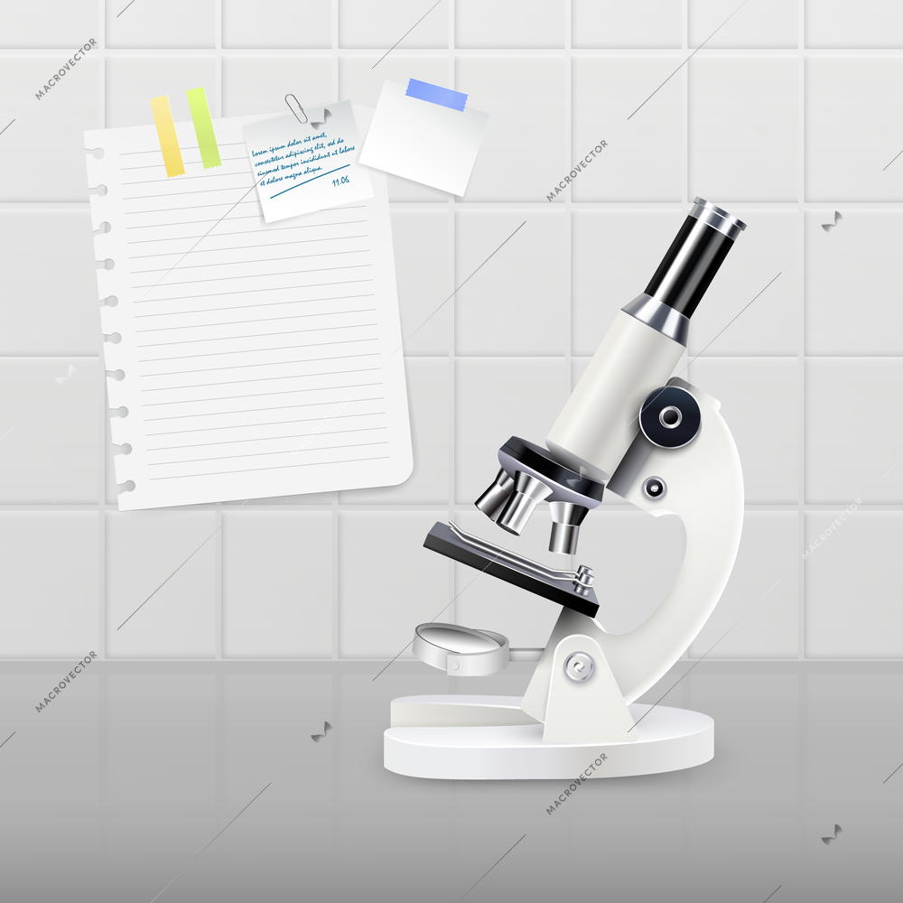 Colored realistic microscope composition white microscope stands on the table opposite the wall with stickers vector illustration
