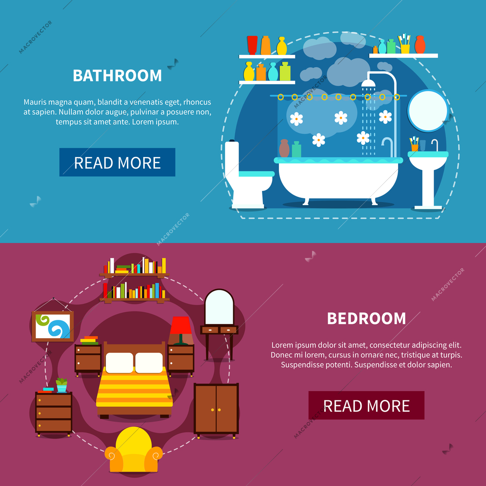 Interior horizontal banners set with bedroom and bathroom flat isolated vector illustration