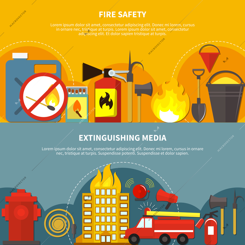 Flat design extinguishing media and fire safety tools horizontal banners set on colorful backgrounds isolated vector illustration