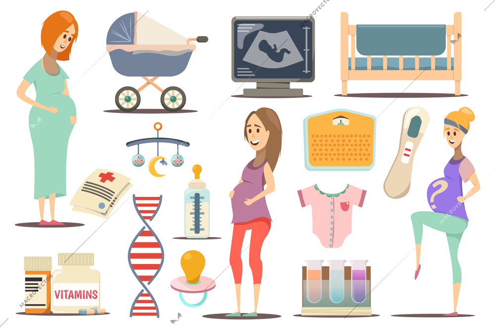 Pregnancy flat icon set with pregnant women attributes for child and health vector illustration