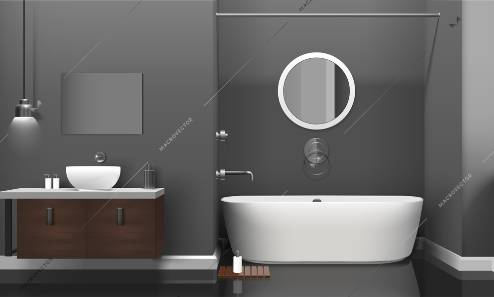 Modern realistic bathroom interior design with white sanitary equipment, shelves on grey wall and mirror vector illustration