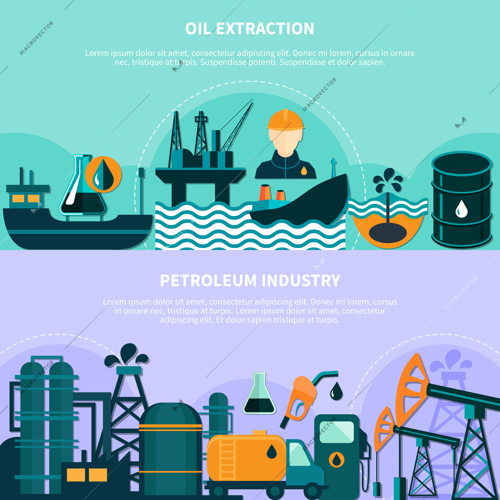 Oil industry horizontal banners set with doodle images of offshore production platform pumping units with text vector illustration
