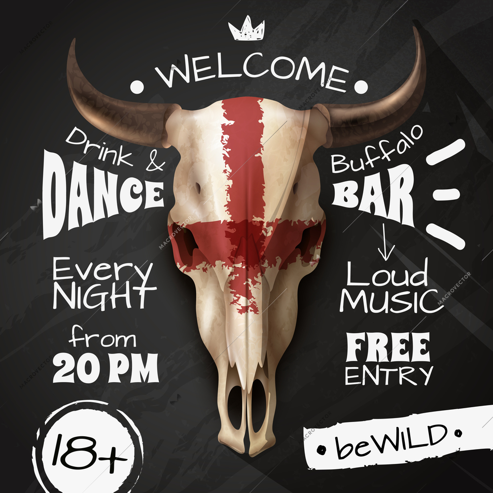 Buffalo bar party invitation poster with big cow skull on dark background realistic vector illustration