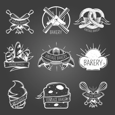 Bakery monochrome labels with pastry, culinary accessories, windmill on black background vintage style isolated vector illustration