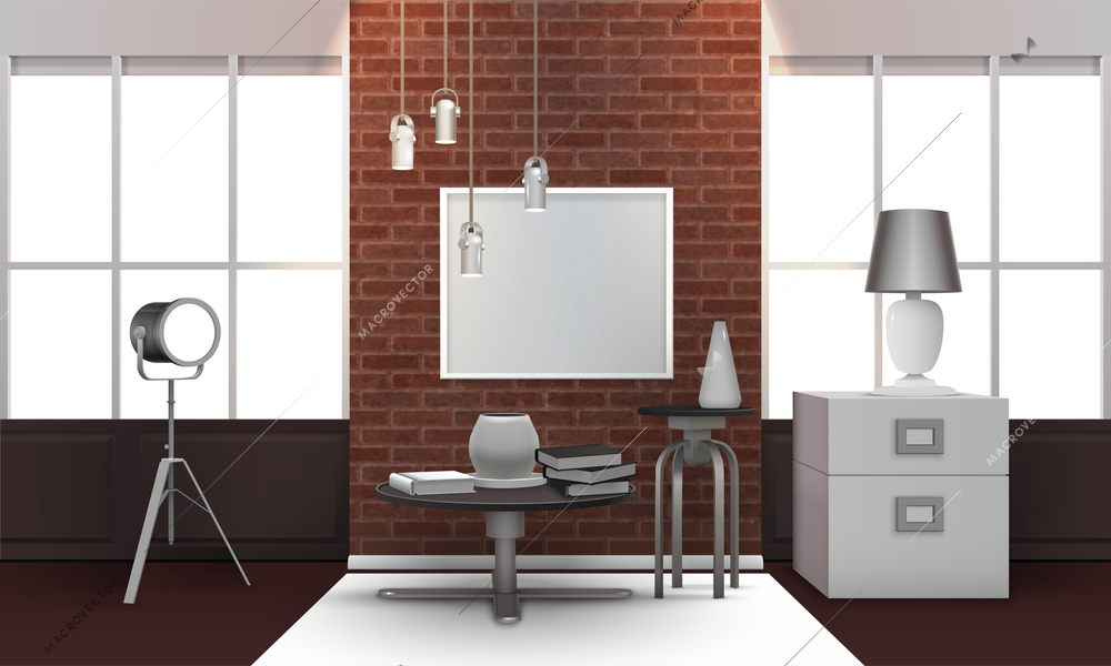 Realistic loft interior with brick wall between wide windows, metal table and chair, spotlight 3d vector illustration