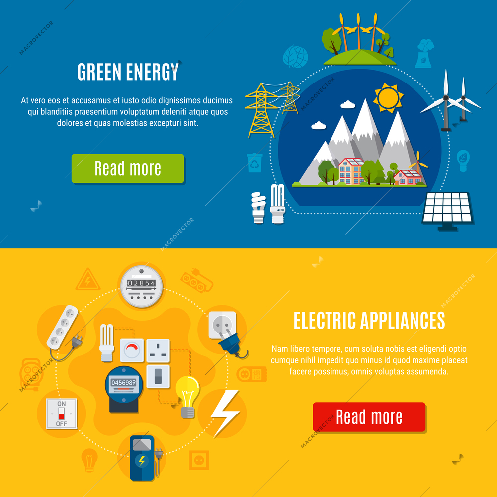 Horizontal flat banners with green energy and electric appliances on blue and yellow background isolated vector illustration