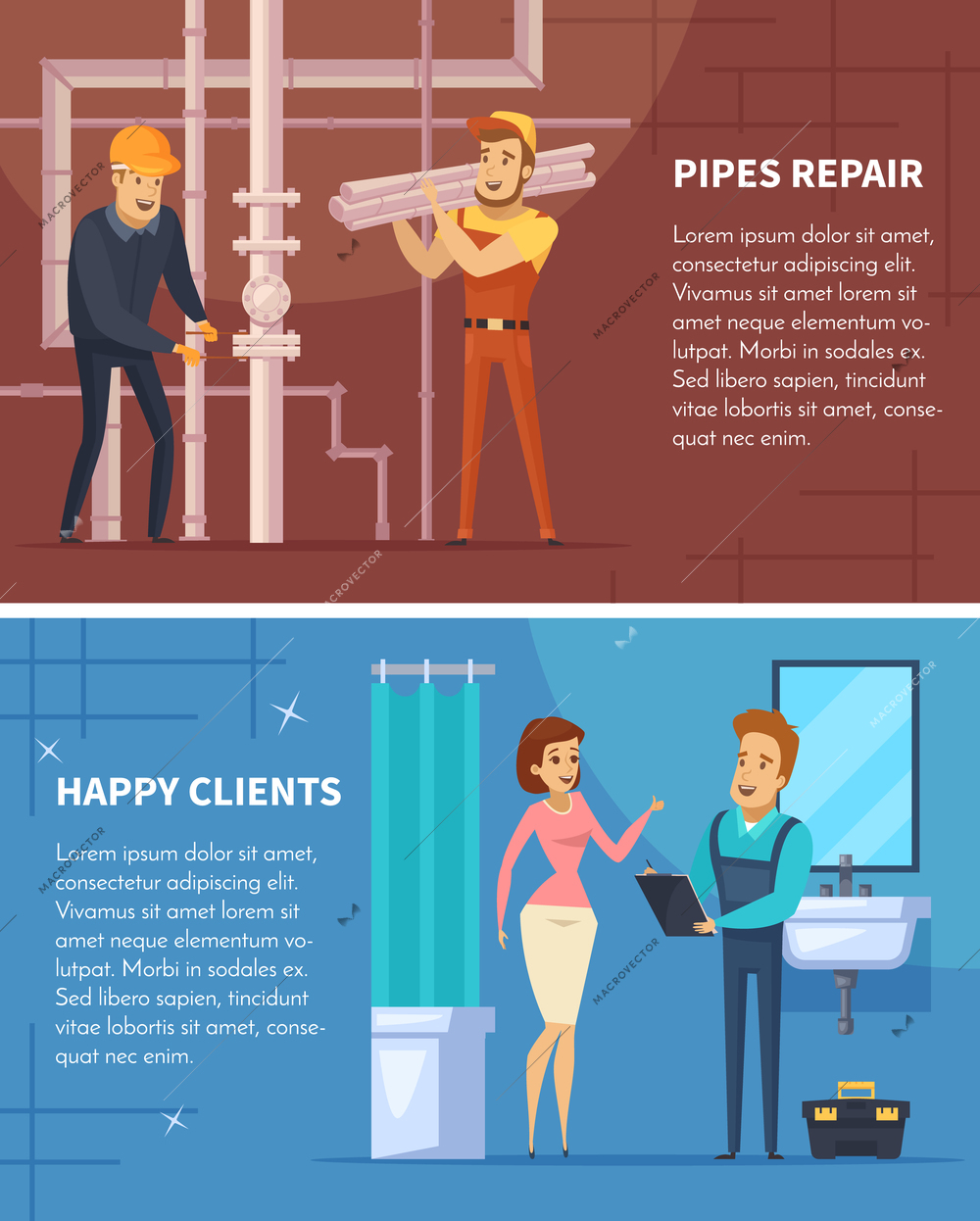 Plumber two horizontal banners with pipes repair and happy client flat compositions cartoon vector illustration