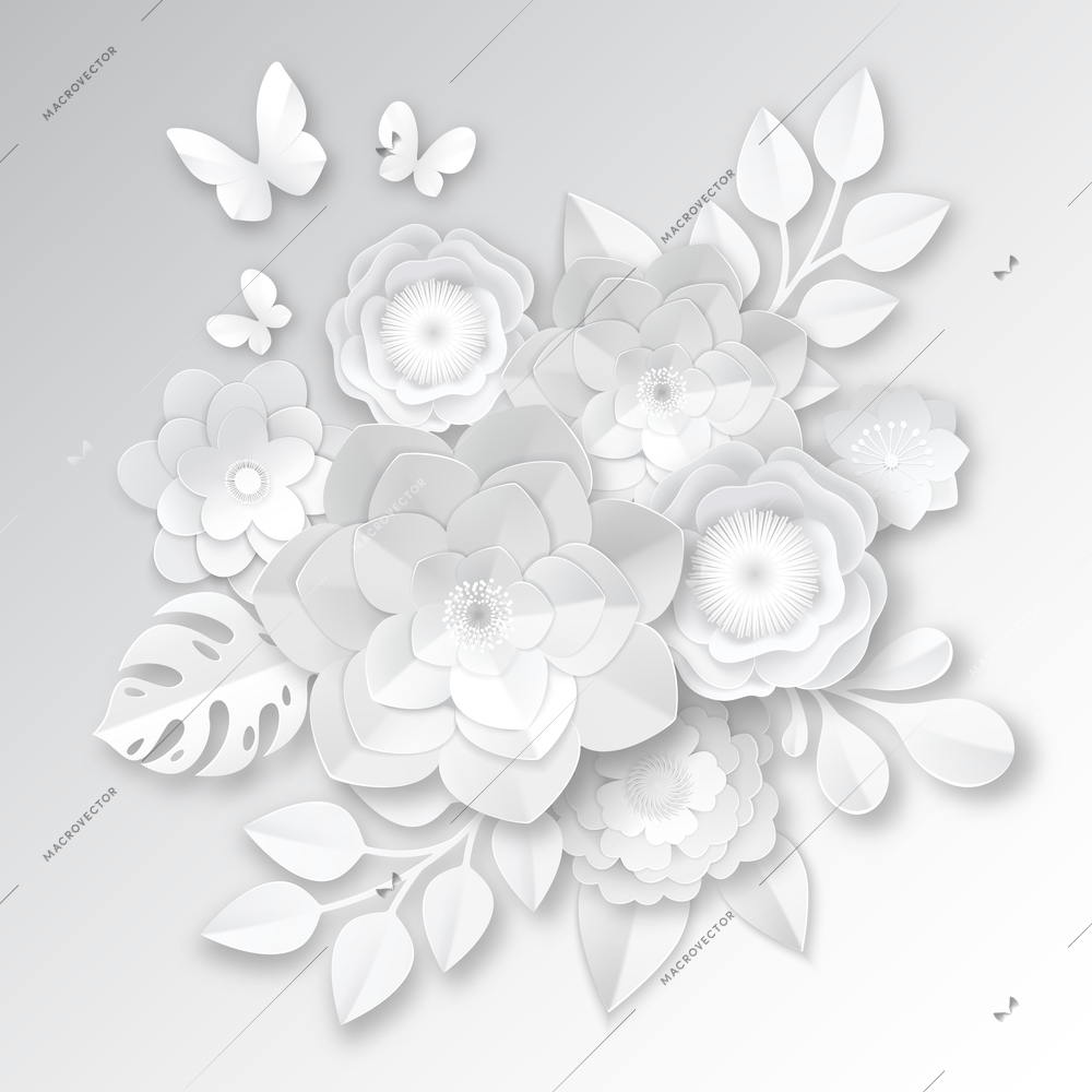 Elegant white paper cut flowers 3d bridal arrangement with  monstera leaf and butterfly handcraft realistic vector illustration