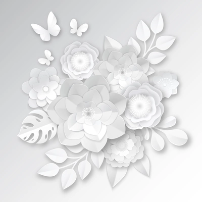 Elegant white paper cut flowers 3d bridal arrangement with  monstera leaf and butterfly handcraft realistic vector illustration