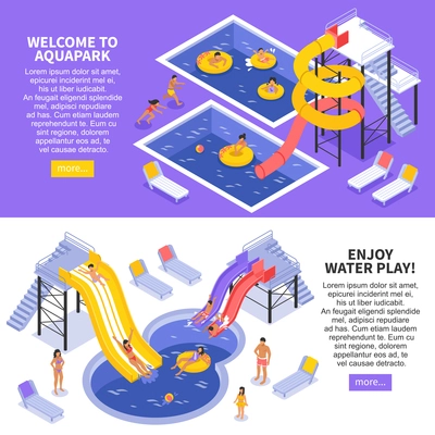 Aqua park horizontal banners set with children and family symbols isometric isolated vector illustration