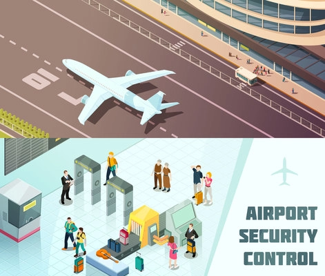 Airport horizontal isometric banners with tourists at security control and plane landing isolated vector illustration