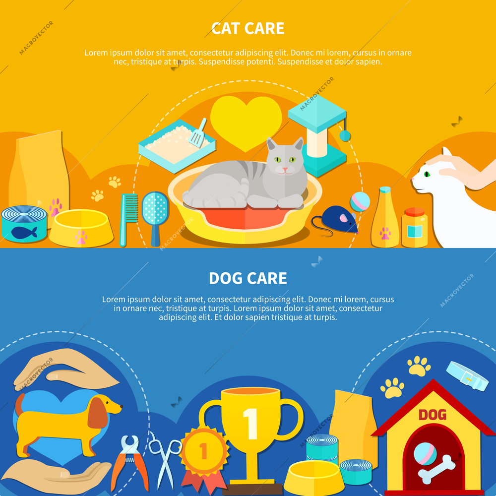 Cat and dog pet care accessories horizontal banners set on colorful backgrounds flat isolated vector illustration