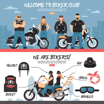 Biker club horizontal banners set with equipment symbols flat isolated vector illustration